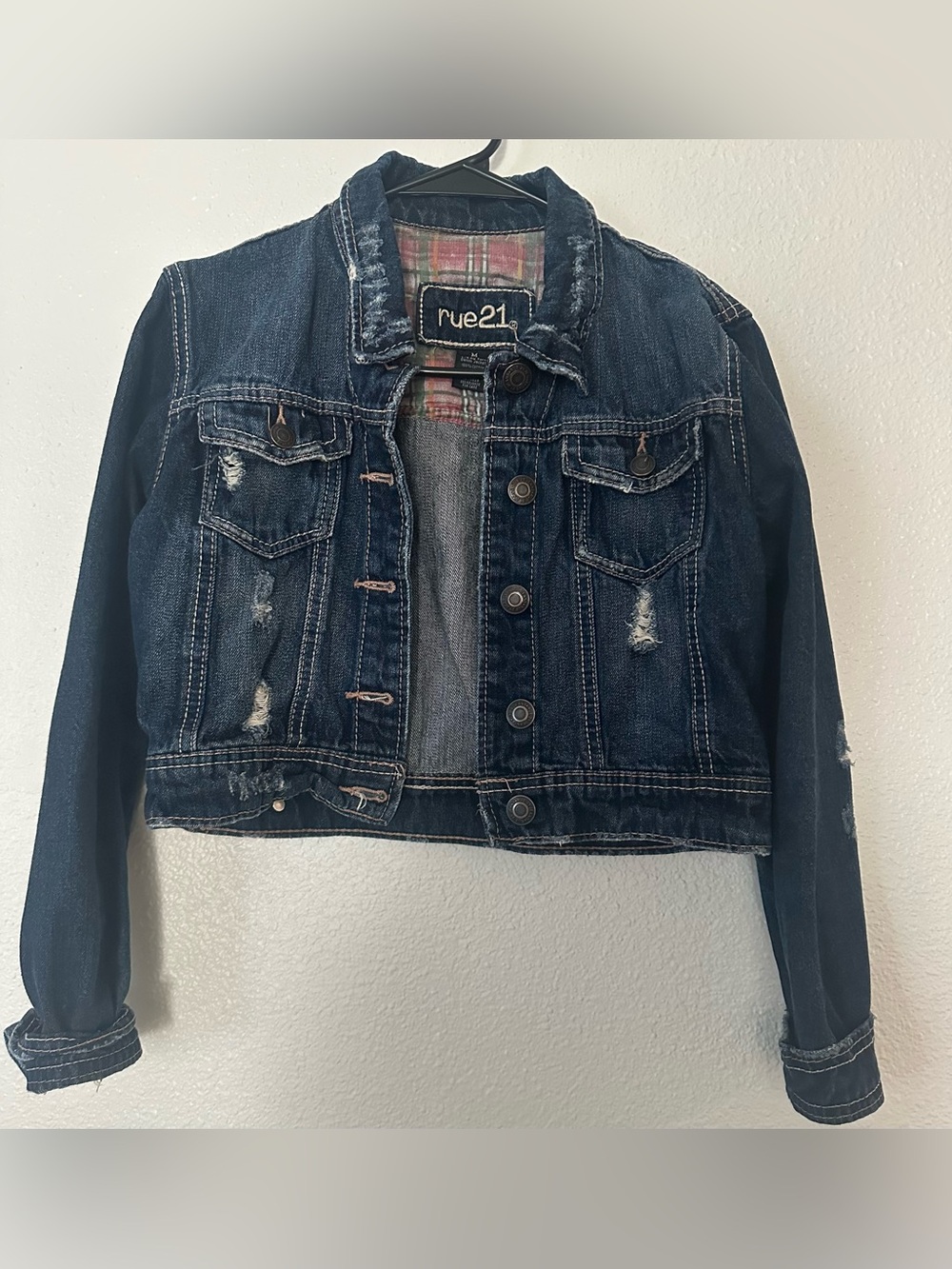 Rue21 Dark Blue Distressed Cropped Denim Jacket